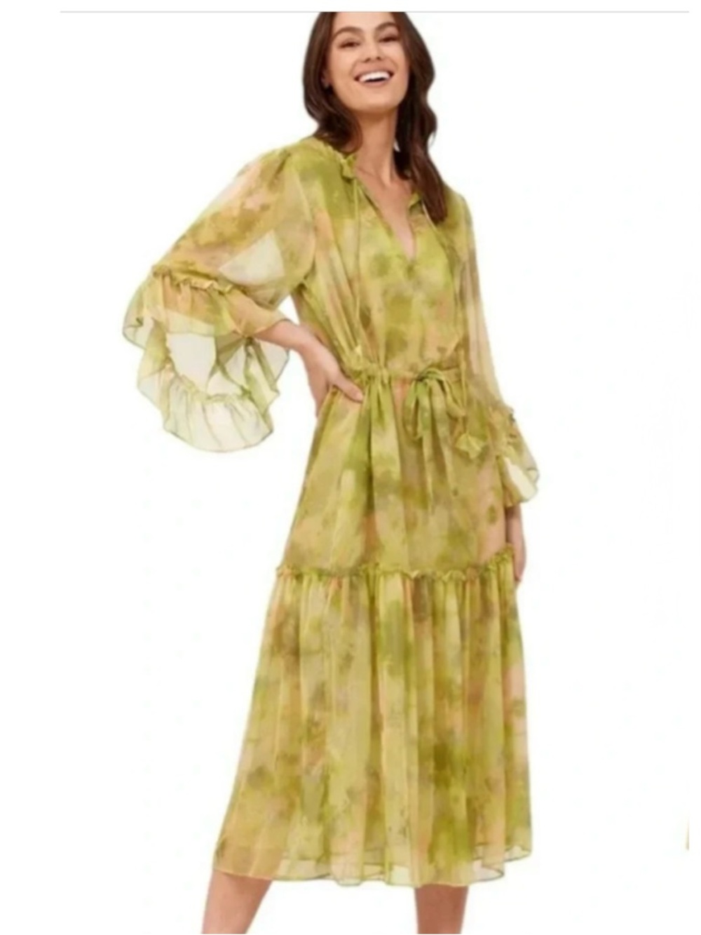 Misa Marcele Chartreuse Abstract Ruffle Midi Dress Size Xs Nwt